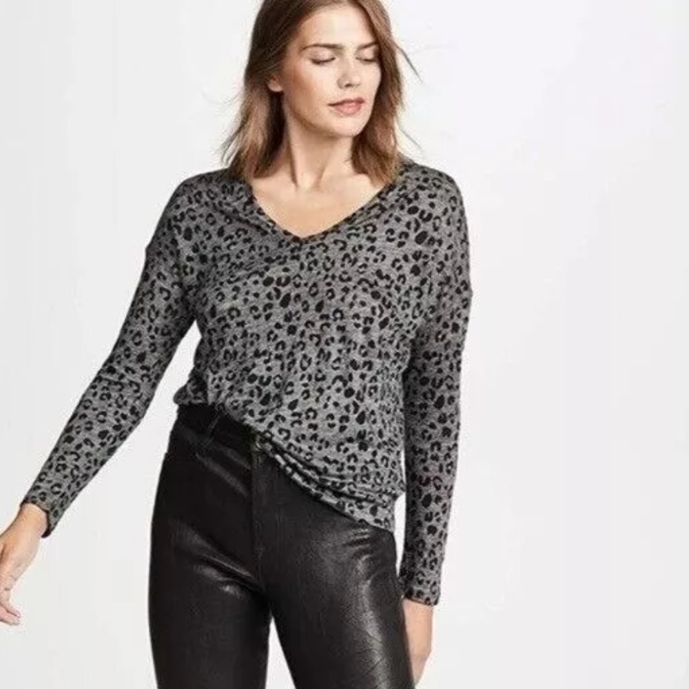 Rails Sami 100% linen charcoal leopard print long-sleeve v-neck top sz large